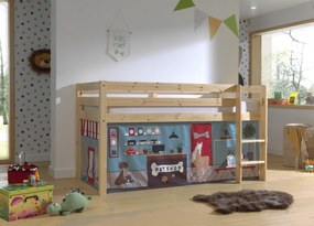 Cama alta de Criança PINO 90 x 200 cm + estrado + escada + cortina Animais Natural