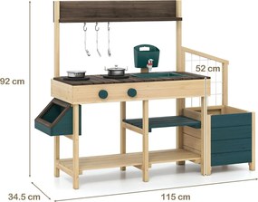Cozinha Brincar para crianças ao ar livre para crianças de madeira com jardineira Pia removível Torneira Tachos Depósito de água verde