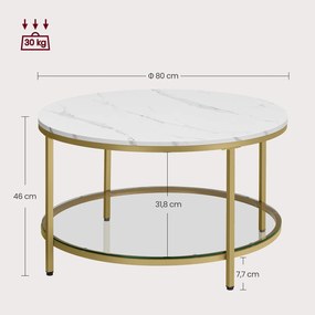 Mesa de centro redonda com tampo de vidro estilo moderno 80 x 46 cm (Ø x H) Branca e Dourada