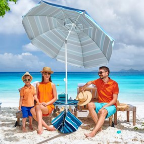 Guarda-sol de praia de 2 m com mesa de apoio e saco de areia portátil com inclinação externa ajustável para pátio piscina praia Riscas azuis