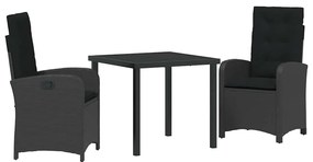 Conjunto de Jantar de Jardim em 3 Peças com Almofadas Preto Rattan Sin