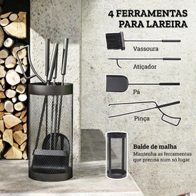 Conjunto para Lareira de 5 Peças em Metal com Escova, Pá, Tenaz, Atiçador e Suporte Ø16 x 33,5 cm Preto