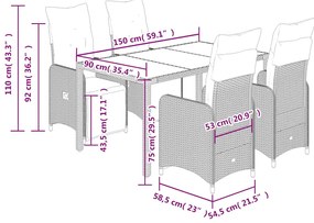 5 pcs conjunto bistrô p/ jardim c/ almofadões vime PE castanho