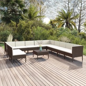 vidaXL 12 pcs conjunto lounge jardim c/ almofadões vime PE castanho