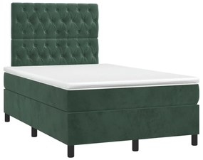 Cama box spring c/ colchão/LED 120x200 cm veludo verde-escuro