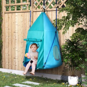 Baloiço em forma de ninho de pássaro com tenda amovível, Ø 100 cm, carga máxima de 150 kg, corda ajustável em altura de 120 a 180 cm, azul