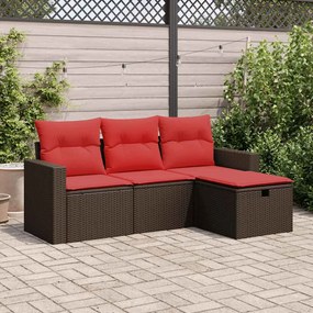 4 pcs conjunto sofás de jardim c/ almofadões vime PE castanho