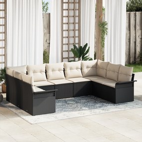 Conjunto de Sofá de Jardim com 9 Peças e Almofadas Preto em Vime de Po