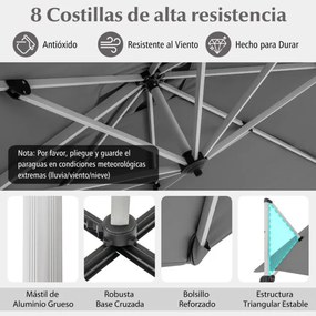 Guarda-sol quadrado de alumínio de 3 m com rotação de 360° e inclinação ajustável, resistente ao vento, para jardim, piscina, terraço Cinzento