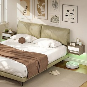 Conjunto de 2 Mesas de Cabeceira Flutuantes com Luzes LED RGB Controlo por APP e Prateleira Aberta 37x32x21 cm Madeira e Branco