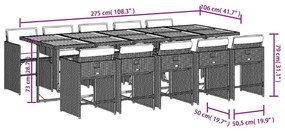 11 pcs conjunto jantar p/ jardim c/ almofadões vime PE cinzento