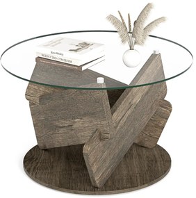 Mesa de centro redonda de cristal  moderna de 81 cm com tampo em vidro temperado transparente, pés em madeira maciça cinzenta