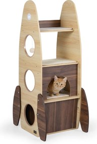 Torre para gatos 42,5 x 40 x 120 cm com casinha de madeira e arranhador em sisal, plataforma almofadada e bola suspensa natural