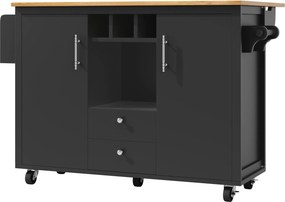 Ilha de cozinha com mesa rebatível, amplo espaço de arrumação, suporte para garrafas, suporte para toalhas e especiarias, 137,9x45/73x92,2 cm, Preto