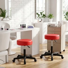 Conjunto 2 bancos trabalaho com rodas 48 x 48 x 46 - 60 cm em couro sintético vermelho