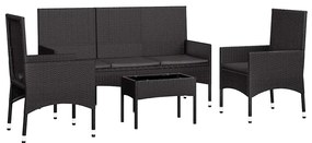 4 pcs conjunto lounge de jardim c/ almofadões vime PE preto