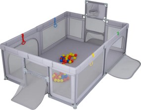 Parque infantil grande e seguro 207 x 145 x 68 cm com cesto de basquetebol e redes de futebol, argolas para lançar e bolas oceânicas, portas cinza cla