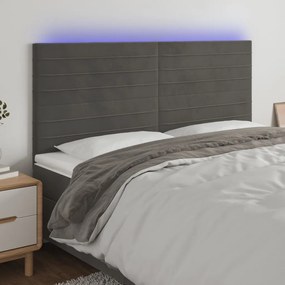 Cabeceira de cama c/ LED veludo 160x5x118/128 cm cinza-escuro