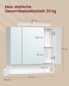 Armário de parede casa de banhocom espelho branco 80 x 16,5 x 75 cm, 3 portas com espelho e iluminação Branco