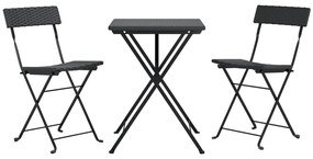 3 pcs conjunto de bistrô dobrável vime PE preto