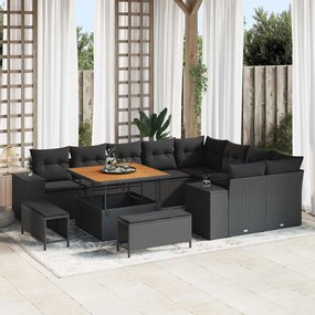 Conjunto de Sofá de Jardim com 12 Peças com Almofadas Preto Rattan de Poliéster Acácia