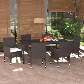 vidaXL 7 pcs conjunto jantar p/ jardim c/ almofadões vime PE castanho