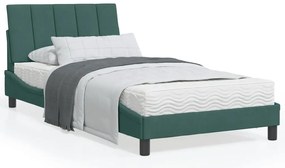 vidaXL Cama com colchão 100x200 cm veludo verde-escuro