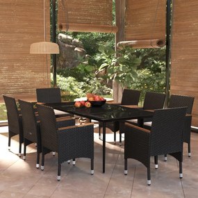 9 pcs conjunto de jantar para jardim com almofadões preto