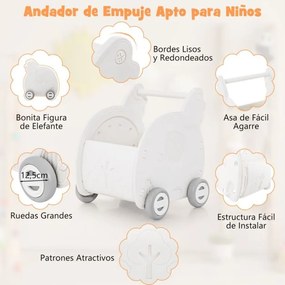 Andarilho bebés de 4 rodas em forma de elefante com rodas e alça para crianças de 3+ anos 45 x 41 x 50 cm Branco