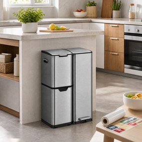 Caixote do lixo de cozinha com pedal e 3 compartimentos, 60 L, 46,7 x 39 x 71,9 cm, prateado