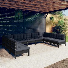 vidaXL 9 pcs conjunto lounge jardim c/ almofadões pinho maciço preto