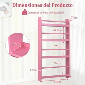 Estante infantil de parede com 4 níveis 56 x 12 x 107 cm, prateleiras abertas, barras de segurança e bordas elevadas para quarto infantil ou sala de a