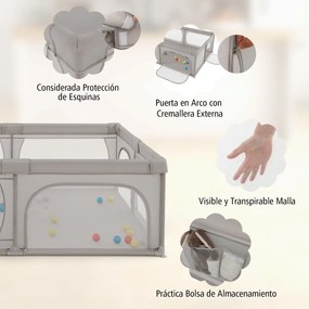 Parque para bebés 206 x 147 x 68,5 cm com rede respirável, bolsa de transporte, 50 bolas oceânicas e porta com fecho de correr  – Cinza claro