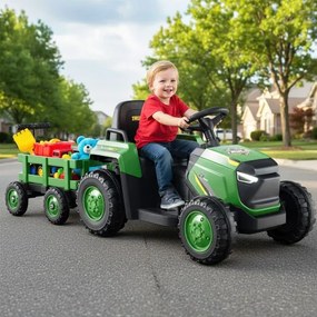 Trator Elétrico para crianças de 12V com Reboque Desmontável Comando à Distância Faróis LED Buzina Música Arranque Verde Escuro