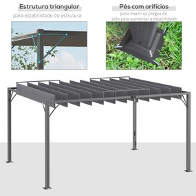 Pérgola 4x3 m para Jardim com Desenho de Lâminas Superiores Giratórias até 135° Proteção UV 50+ para Pátio Terraço Cinza