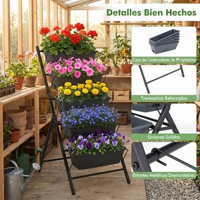 Floreira vertical de 5 níveis 57 x 71 x 115 cm com estrutura metálica, tabuleiros removíveis e orifícios de drenagem, para interior e exterior, Preta