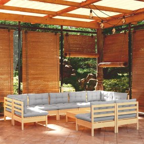 vidaXL 10pcs conjunto lounge de jardim + almofadões cinza pinho maciço