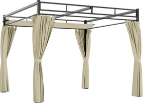 Pérgola de Jardim 295x295x221 cm com Teto Retrátil e Cortinas UPF30+ Estrutura Metálica Pérgola para Exterior Bege