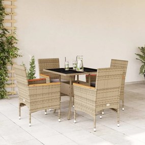 5 pcs conjunto jantar jardim com almofadões vime PE/vidro bege