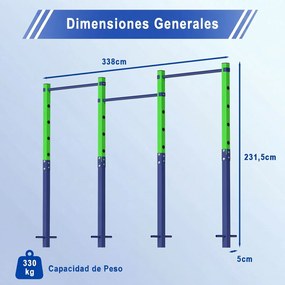 Barra de Elevações Exterior Tripla, 338 x 5 x 231,5 cm, 5 Alturas Ajustáveis, Verde