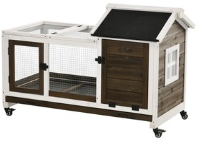 PawHut Coelheira de Madeira com Rodas 108x58x73,5cm Gaiola para 1-2 Coelhos com Teto Abatível Cerca Metálica Bandeja Amovível Portas com Trava e Rampa Marrom Café e Branco