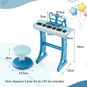 Piano eletrónico para crianças de 37 teclas com banco ajustável microfone removível suporte de música brinquedo eletrionico Azul