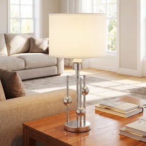 Candeeiro de mesa moderno com base E27 Abajur de linho Bolas decorativas para quarto Sala de estar Estúdio Prateado + Branco