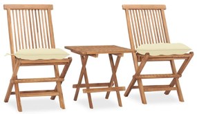 vidaXL 3 pcs conj. jantar dobrável exterior c/ almofadão teca maciça