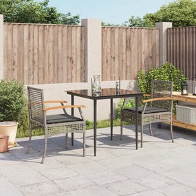 3 pcs conjunto de jantar p/ jardim c/ almofadões vime PE cinza