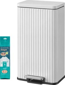 Caixote do lixo de cozinha em aço 33,6 x 29,8 x 59,5 cm com fecho suave e cesto interior amovível, 30 L, branco
