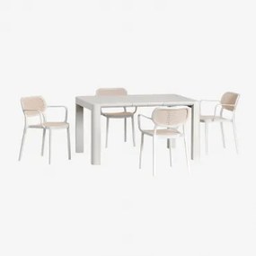 Conjunto De Mesa Retangular Arnadine (140x100 Cm) E 4 Cadeiras De Jardim Empilháveis Com Braços Omara Gardénia Branco - Sklum