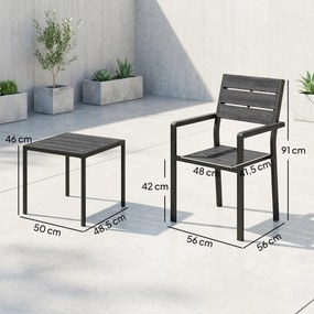 Conjunto de Jardim de 3 Peças com 2 Cadeiras e Mesa de HDPE Design com Ripas Efeito Madeira para Varanda Preto