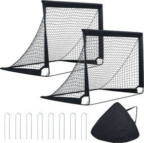 Conjunto de 2 Balizas de Futebol Dobráveis, 120 x 90 x 92 cm, com Estacas de Fixação, Preto