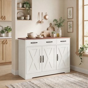 Aparador de cozinha 108 x 40 x 81 cm, móvel de arrumação com 3 portas de estilo celeiro, 2 gavetas e prateleiras ajustáveis, branco, castanho